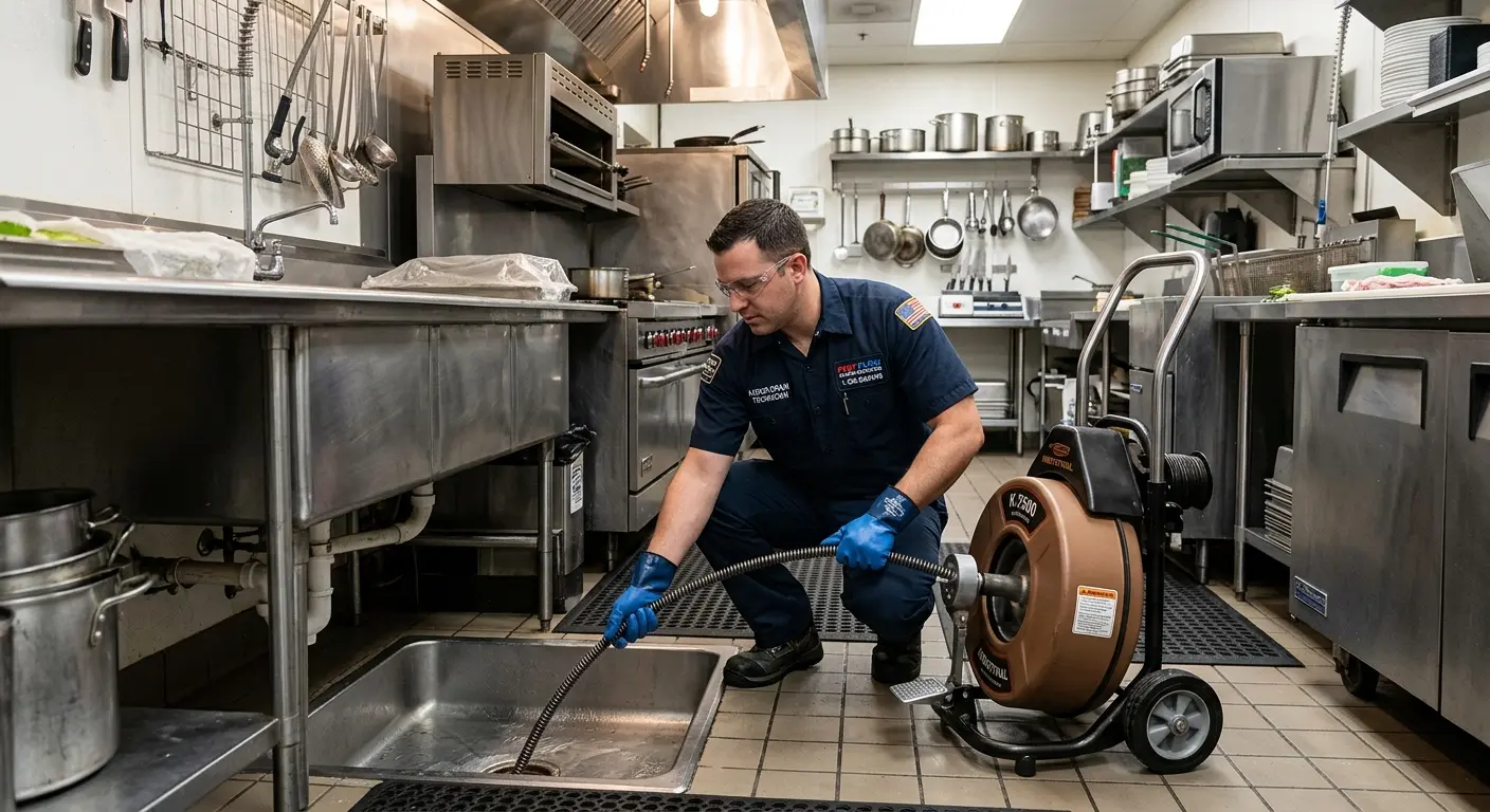 Commercial drain cleaning service in a restaurant kitchen in Chesapeake