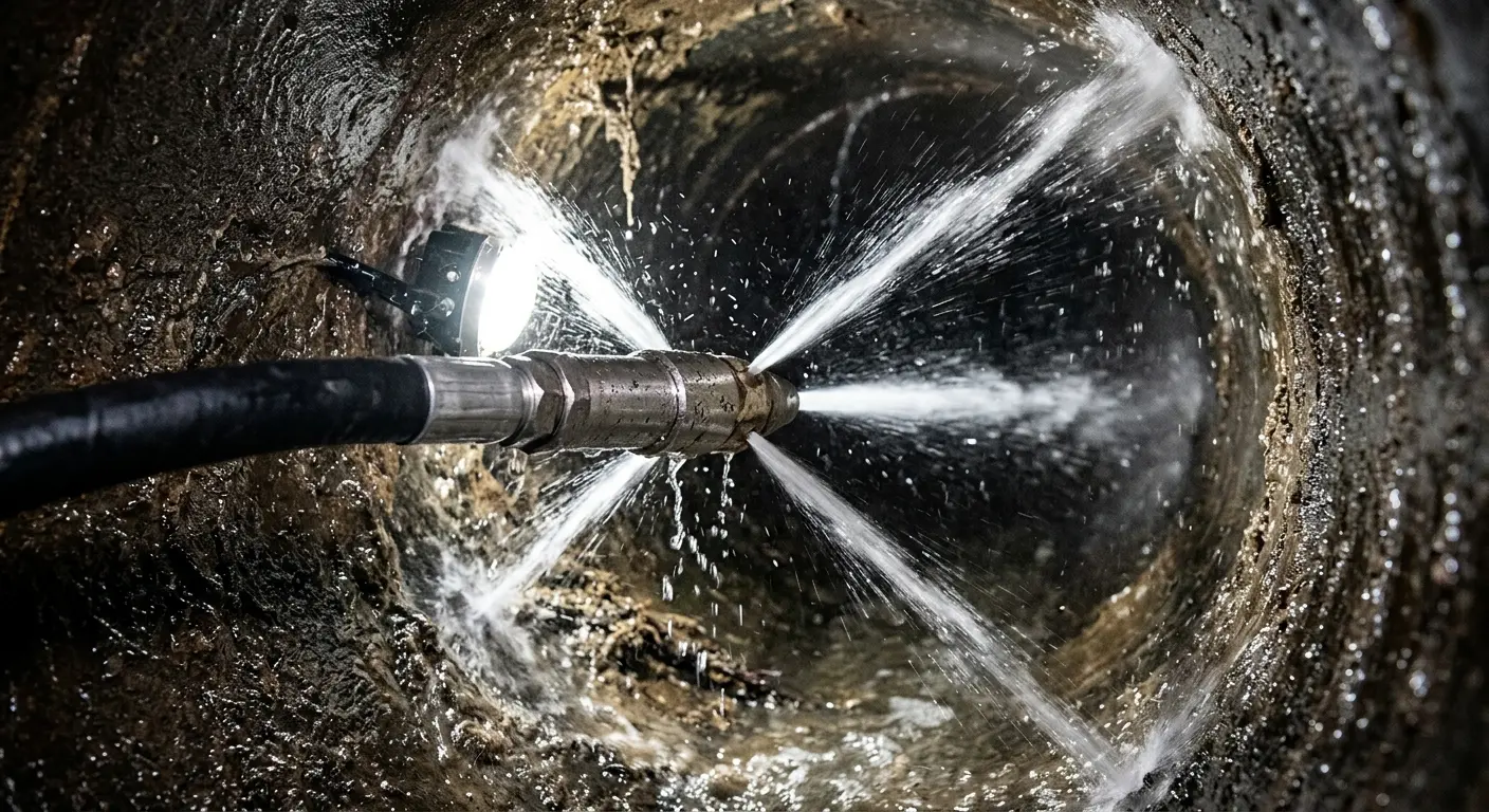 High-pressure hydro jetting nozzle cleaning sewer pipe for Sewer Cleanout in Chesapeake