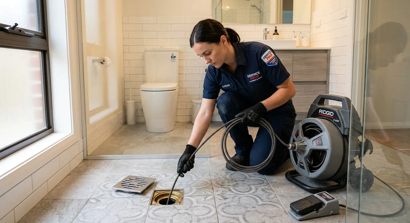Technician clearing a bathroom floor drain for Sewer Line Replacement in Chesapeake